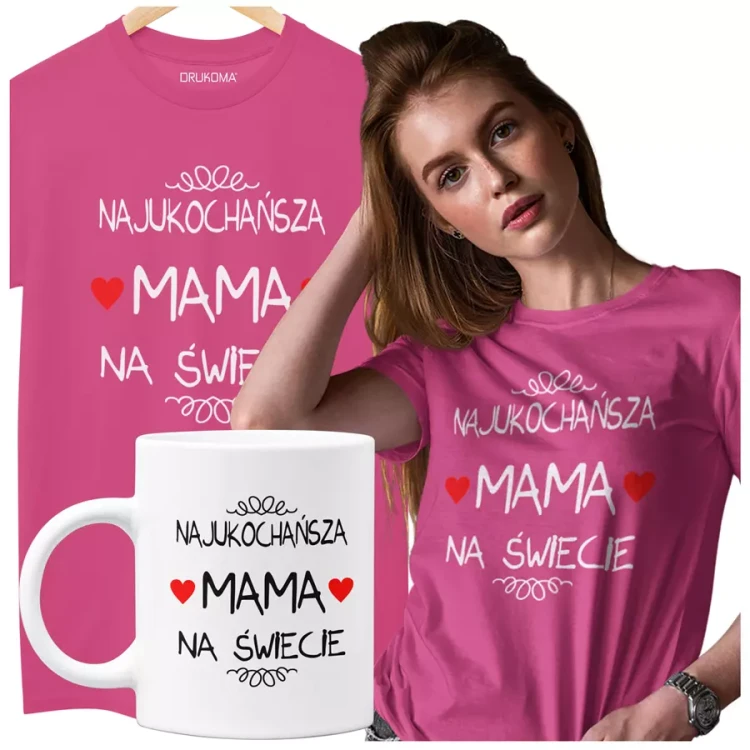 Koszulka dla Mamy na Dzień Mamy zestaw z kubkiem i nadrukiem Najukochańsza mama na świecie kolor różowy.webp