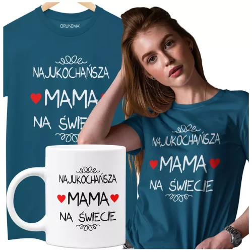 Koszulka dla Mamy na Dzień Mamy zestaw z kubkiem i nadrukiem Najukochańsza mama na świecie kolor petrol blue.webp