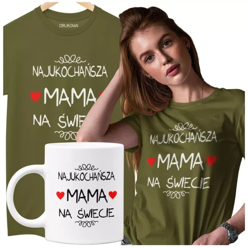 Koszulka dla mamy wraz z kubkiem z nadrukiem Najukochańsza mama na świecie kolor khaki.webp