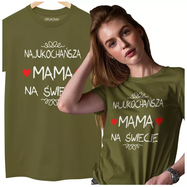 Koszulka dla mamy wraz z kubkiem z nadrukiem Najukochańsza mama na świecie kolor khaki (2).webp