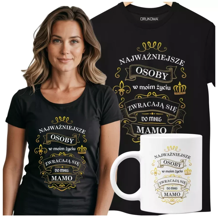 KOSZULKA Z KUBKIEM dla Mamy na Dzień Matki z kolorowym nadrukiem Najważniejsze osoby w moim życiu zwracają się do mnie MAMO kolor czarny.webp