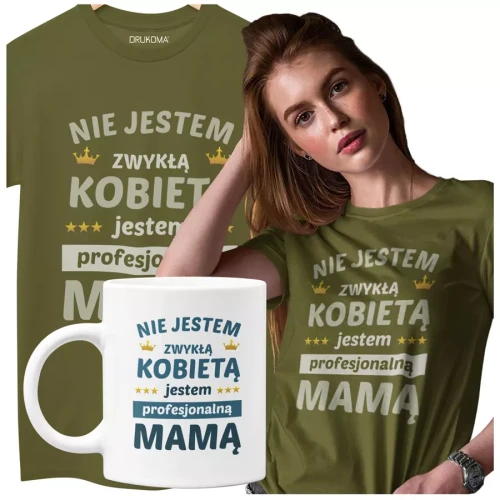 KOSZULKA Z KUBKIEM dla Mamy na Dzień Matki z kolorowym nadrukiem Nie jestem zwykłą kobietą jestem profesjonalną mamą kolor khaki.webp