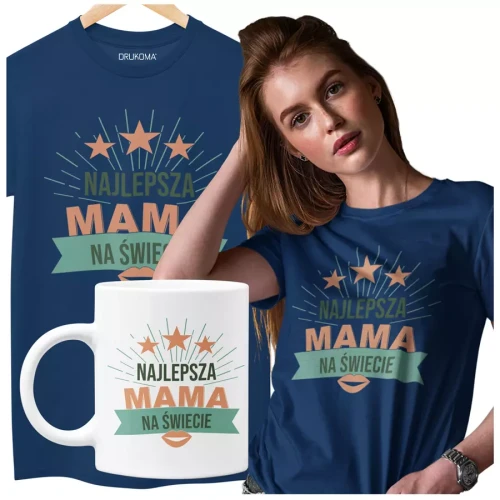KOSZULKA Z KUBKIEM dla Mamy na Dzień Matki z kolorowym nadrukiem Najlepsza mama na świecie kolor granatowy.webp