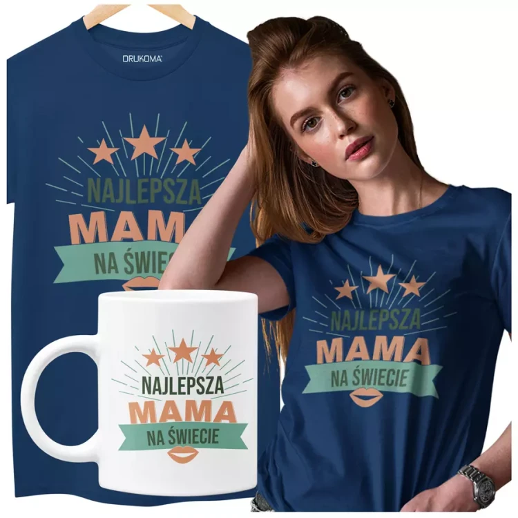 KOSZULKA Z KUBKIEM dla Mamy na Dzień Matki z kolorowym nadrukiem Najlepsza mama na świecie kolor granatowy.webp