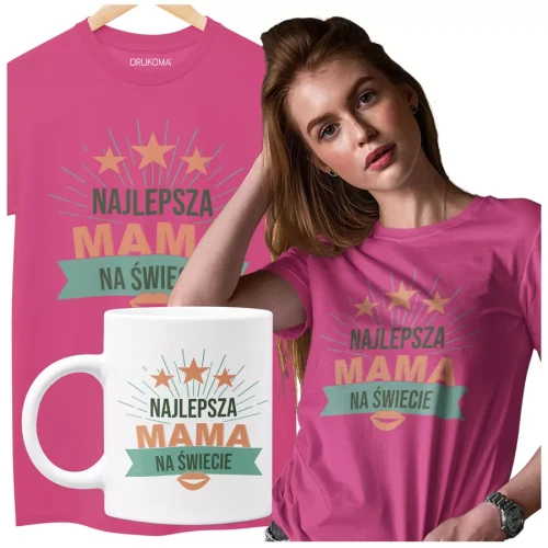KOSZULKA Z KUBKIEM dla Mamy na Dzień Matki z kolorowym nadrukiem Najlepsza mama na świecie kolor różowy.webp