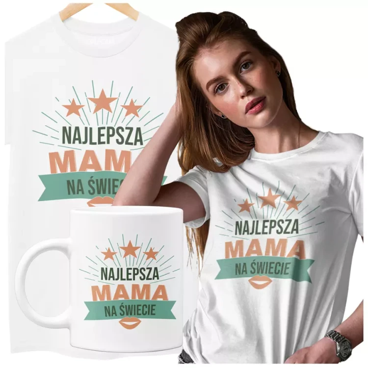 KOSZULKA Z KUBKIEM dla Mamy na Dzień Matki z kolorowym nadrukiem Najlepsza mama na świecie kolor biały.webp