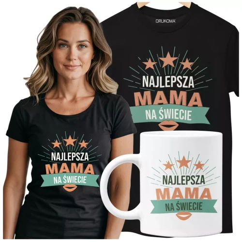 KOSZULKA Z KUBKIEM dla Mamy na Dzień Matki z kolorowym nadrukiem Najlepsza mama na świecie kolor czarny.webp