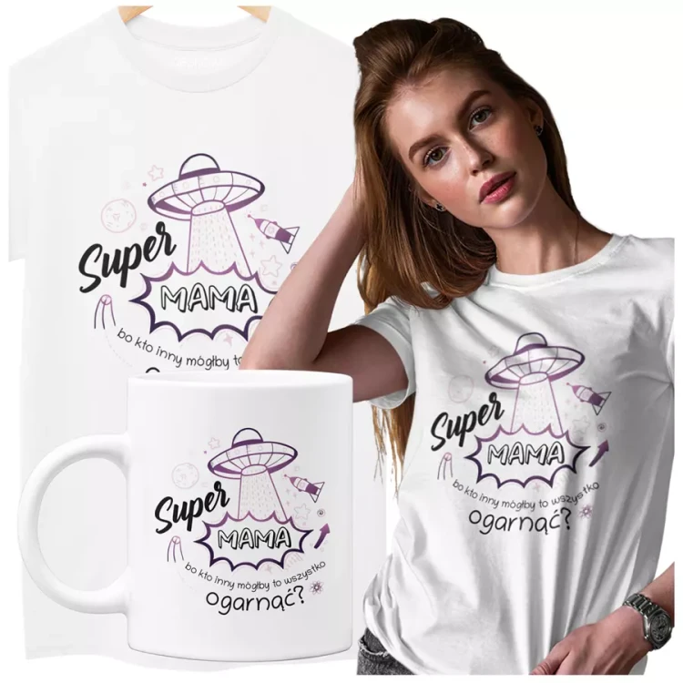KOSZULKA Z KUBKIEM dla Mamy na Dzień Matki z kolorowym nadrukiem Super Mama, bo kto inny mógłby to ogarnąć kolor biały (3).webp