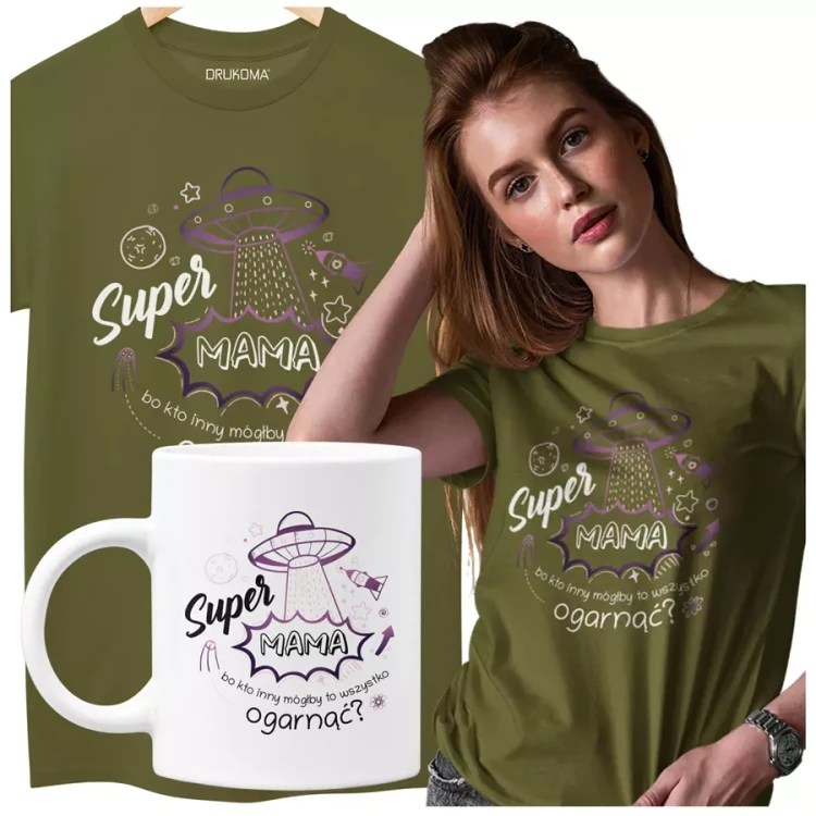 KOSZULKA Z KUBKIEM dla Mamy na Dzień Matki z kolorowym nadrukiem Super Mama, bo kto inny mógłby to ogarnąć kolor khaki.webp