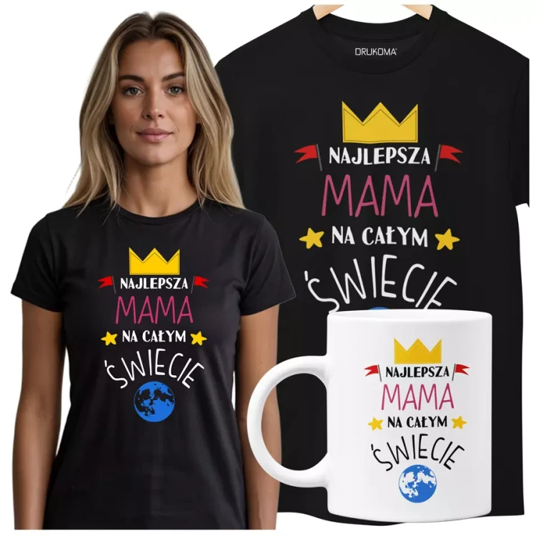 KOSZULKA Z KUBKIEM dla Mamy na Dzień Matki z kolorowym nadrukiem Najlepsza mama na całym świecie kolor czarny.webp