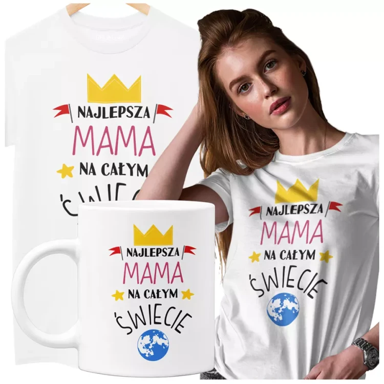 KOSZULKA Z KUBKIEM dla Mamy na Dzień Matki z kolorowym nadrukiem Najlepsza mama na całym świecie kolor biały.webp