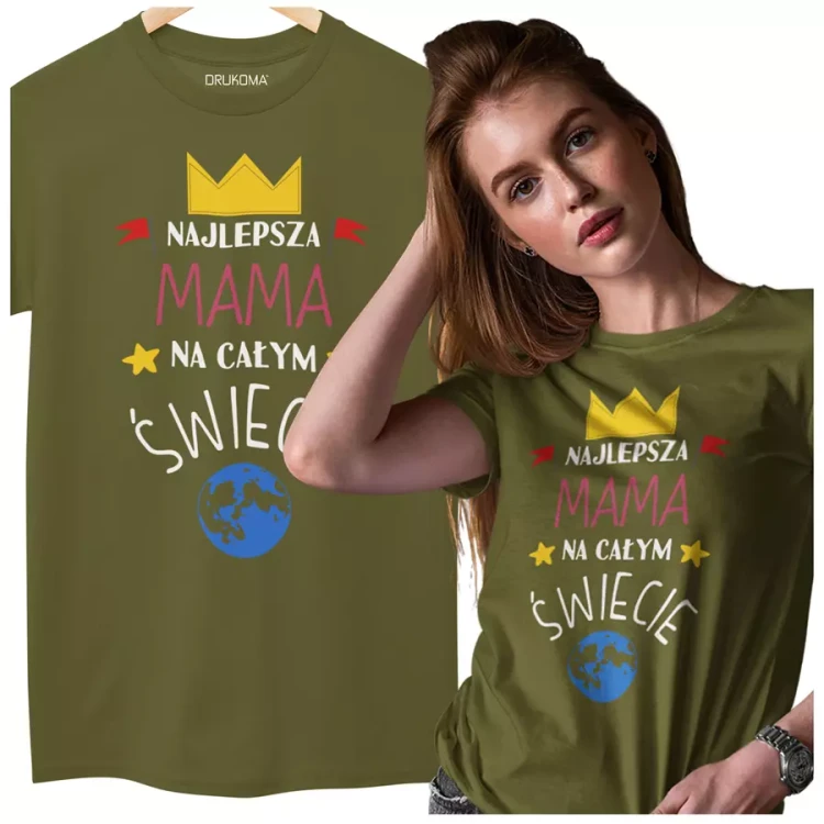 KOSZULKA dla Mamy na Dzień Matki z napisem Najlepsza mama na całym świecie kolor khaki (2).webp