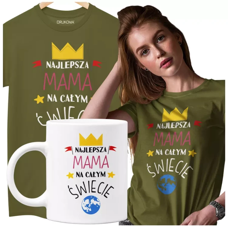 KOSZULKA Z KUBKIEM dla Mamy na Dzień Matki z kolorowym nadrukiem Najlepsza mama na całym świecie kolor khaki.webp