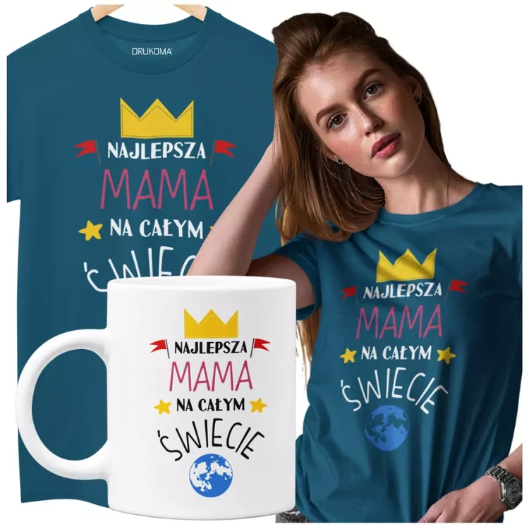 KOSZULKA Z KUBKIEM dla Mamy na Dzień Matki z kolorowym nadrukiem Najlepsza mama na całym świecie kolor petrol.webp