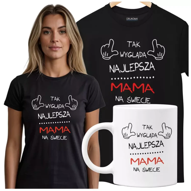 Koszulka dla Mamy na Dzień Mamy zestaw z kubkiem z nadrukiem Tak wygląda najlepsza mama na świecie kolor czarny.webp