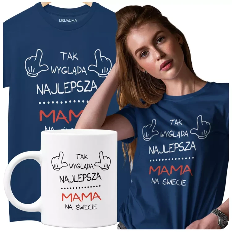 Koszulka dla Mamy na Dzień Mamy zestaw z kubkiem z nadrukiem Tak wygląda najlepsza mama na świecie kolor granatowy.webp