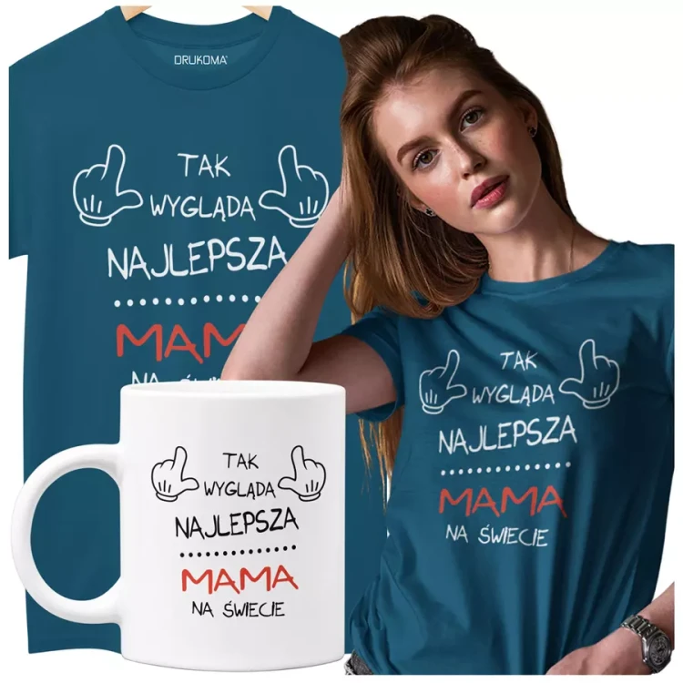 Koszulka dla Mamy na Dzień Mamy zestaw z kubkiem z nadrukiem Tak wygląda najlepsza mama na świecie kolor petrol blue.webp
