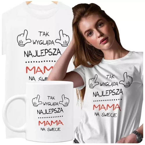 Koszulka dla Mamy na Dzień Mamy zestaw z kubkiem z nadrukiem Tak wygląda najlepsza mama na świecie kolor biały.webp