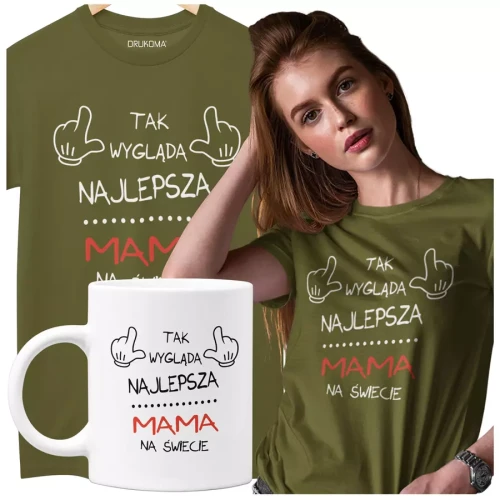 Koszulka dla Mamy na Dzień Mamy zestaw z kubkiem z nadrukiem Tak wygląda najlepsza mama na świecie kolor khaki.webp