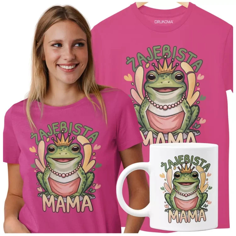 KOSZULKA Z KUBKIEM dla Mamy na Dzień Matki z napisem ŻAJEBISTA MAMA kolor różowy.webp