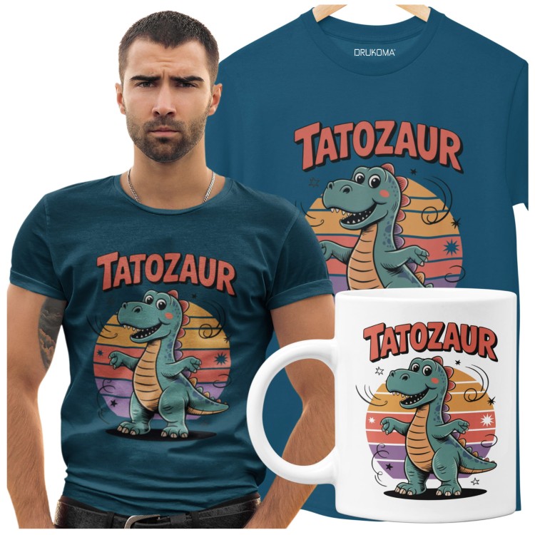 KOSZULKA Z KUBKIEM dla Taty z dinozaurem na Dzień Ojca z napisem: "Tatozaur"