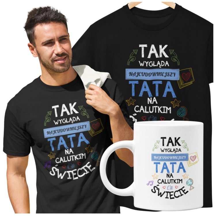 Koszulka dla taty wraz z kubkiem z nadrukiem "Tak wygląda najcudowniejszy tata na calutkim świecie"