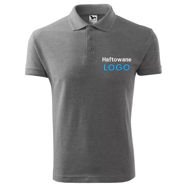 Koszulka polo CIEMNOSZARO MELANŻOWA z logo na sercu męska z HAFTEM logo firmy 200g 203 kolor 12 koszulka polo.webp