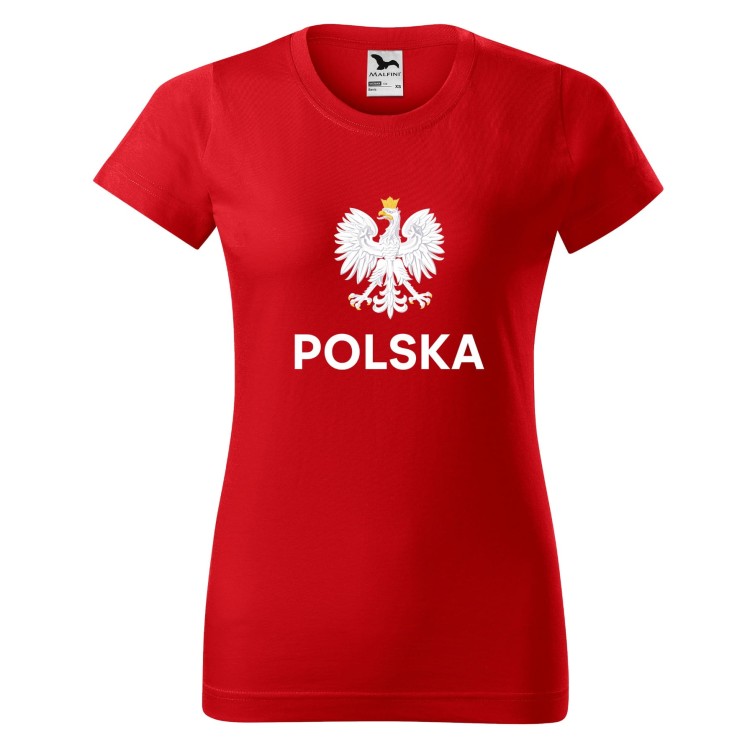 Koszulka DAMSKA biała CZERWONY z krótkim rękawem z GODŁEM POLSKI kolor CZERWONY