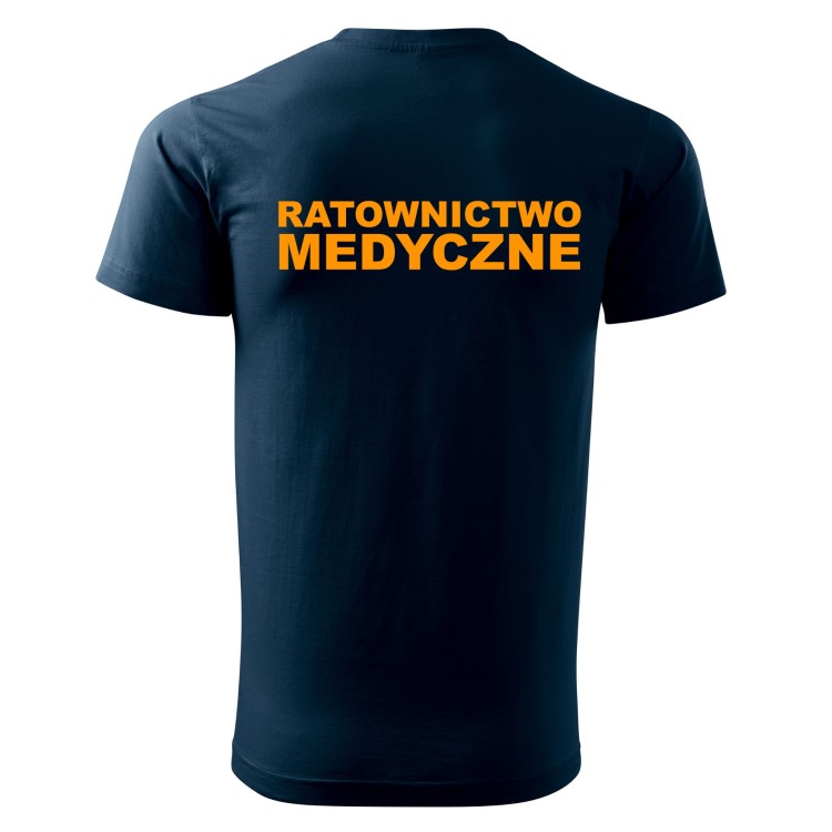 KOSZULKA MĘSKA Z NAPISEM OCHRONA NA SERCU I NA PLECACH KOLOR GRANATOWY.