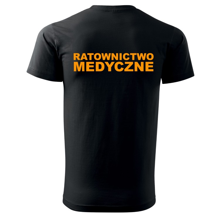Koszulka męska medyczna dla RATOWNICTWA MEDYCZNEGO z logo na sercu i napisem plecach w kolorze pomarańczowym: RATOWNICTWO MEDYCZNE kolor czarny