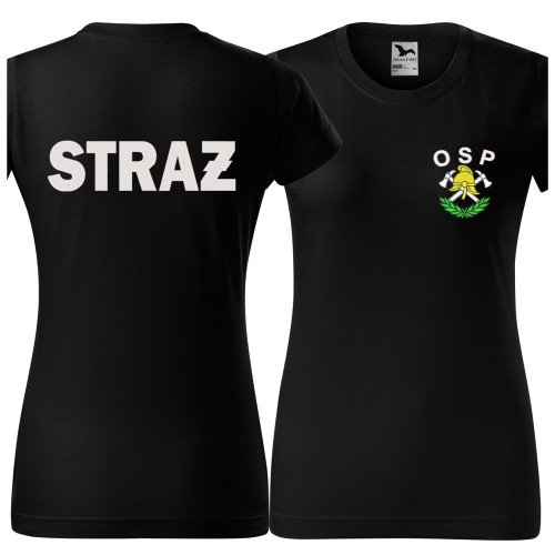 Koszulka z krótkim rękawem z logo na sercu i plecach damska z HAFTEM logo OSP 160g BASIC134 koszulka krótki rękaw kolor czarny