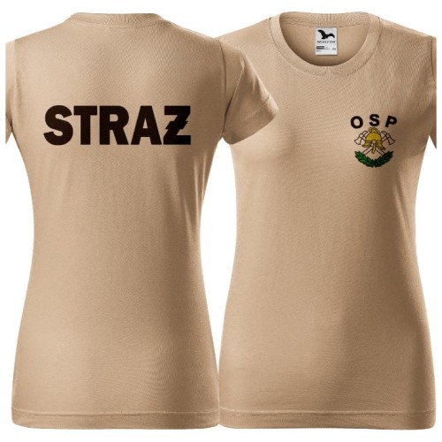 Koszulka z krótkim rękawem z logo na sercu i plecach damska z HAFTEM logo OSP 160g BASIC134 koszulka krótki rękaw kolor piaskowy