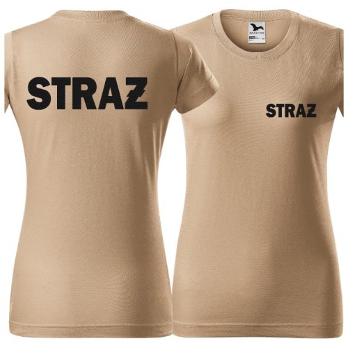 Koszulka z krótkim rękawem z logo na sercu i plecach damska z HAFTEM napisem straż 160g BASIC134 koszulka krótki rękaw kolor piaskowy