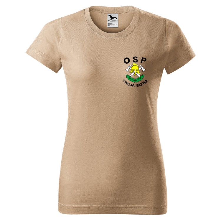 Koszulka damska z krótkim rękawem z logo OSP na sercu z NADRUKIEM 160g BASIC134 koszulka krótki rękaw kolor piaskowy