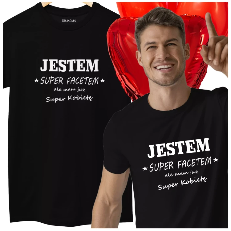KOSZULKA NA DZIEŃ CHŁOPAKA PREZENT DLA CHŁOPAKA Z NAPISEM JESTEM SUPER FACETEM ALE MAM JUŻ SUPER KOBIETĘ KOLOR CZARNY.webp