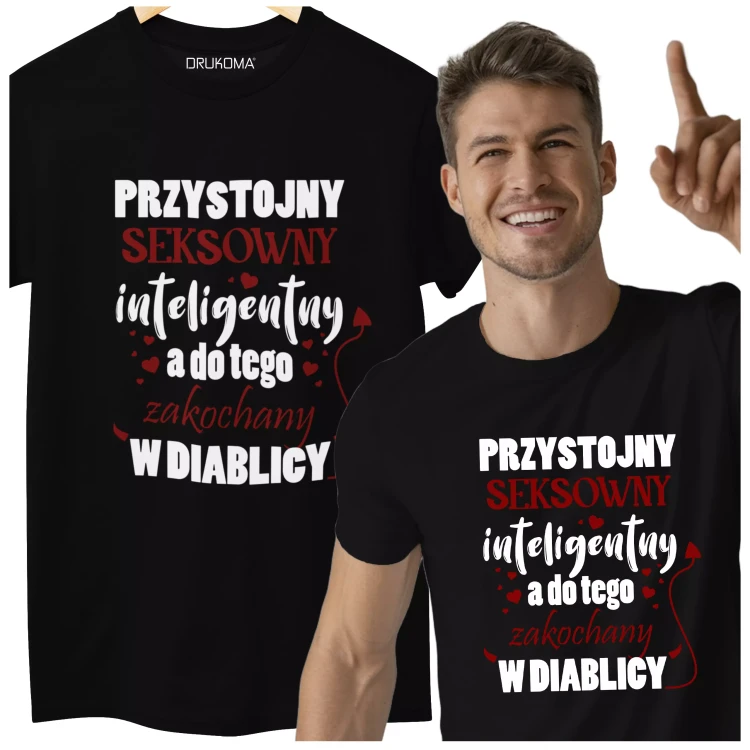 KOSZULKA NA DZIEŃ CHŁOPAKA PREZENT DLA CHŁOPAKA Z NAPISEM Przystojny, seksowny, inteligentny, a do tego zakochany w diablicy KOLOR CZARNY.webp