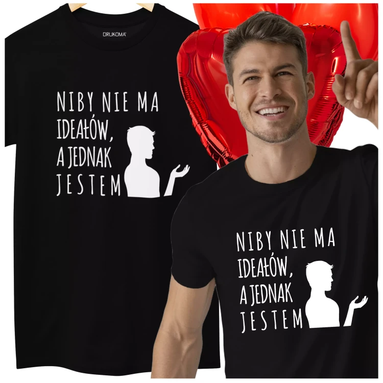 KOSZULKA NA DZIEŃ CHŁOPAKA PREZENT DLA CHŁOPAKA Z NAPISEM NIBY NIE MA IDEAŁÓW, A JEDNAK JESTEM KOLOR CZARNY (2).webp