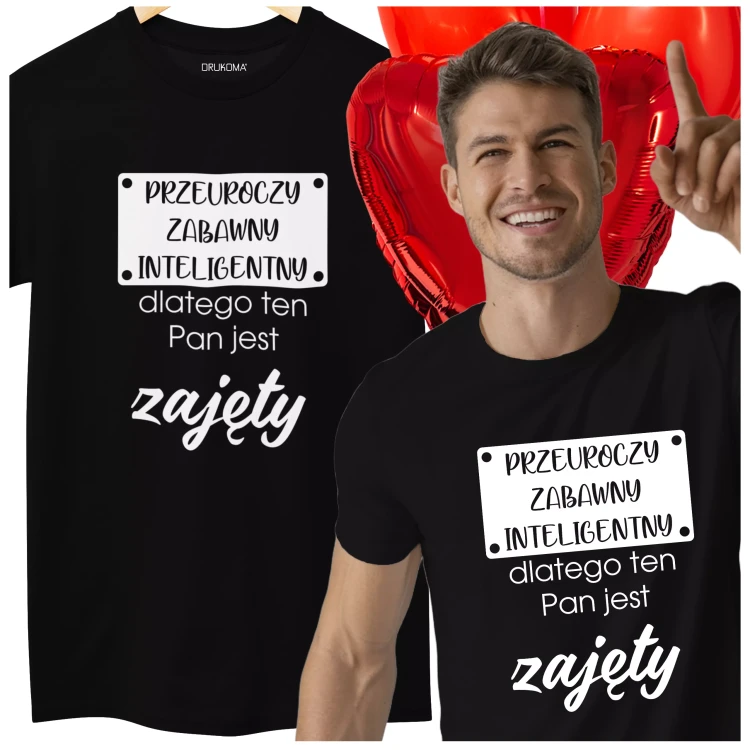 KOSZULKA NA DZIEŃ CHŁOPAKA PREZENT DLA CHŁOPAKA Z NAPISEM Przeuroczy zabawny inteligentny dlatego ten Pan jest zajęty KOLOR CZARNY.webp