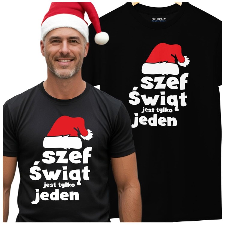Koszulka świąteczna prezent na święta z napisem Szef świąt jest tylko jeden koszulka czarna.jpg