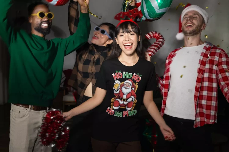 KOSZULKA DAMSKA ZABAWNA NA KAŻDĄ OKAZJE Z NAPISEM HO HO HO NA PIWO (1).webp