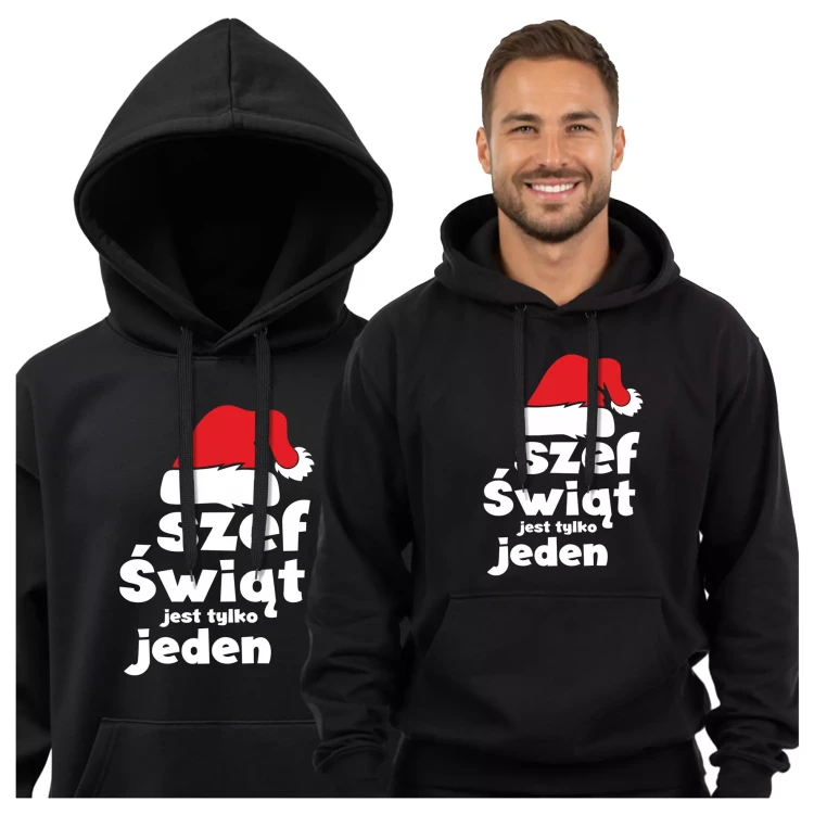 BLUZA Z KAPTUREM ŚWIĄTECZNA PREZENT MIKOŁAJKOWY Z NAPISEM Szef świąt jest tylko jeden (2).webp