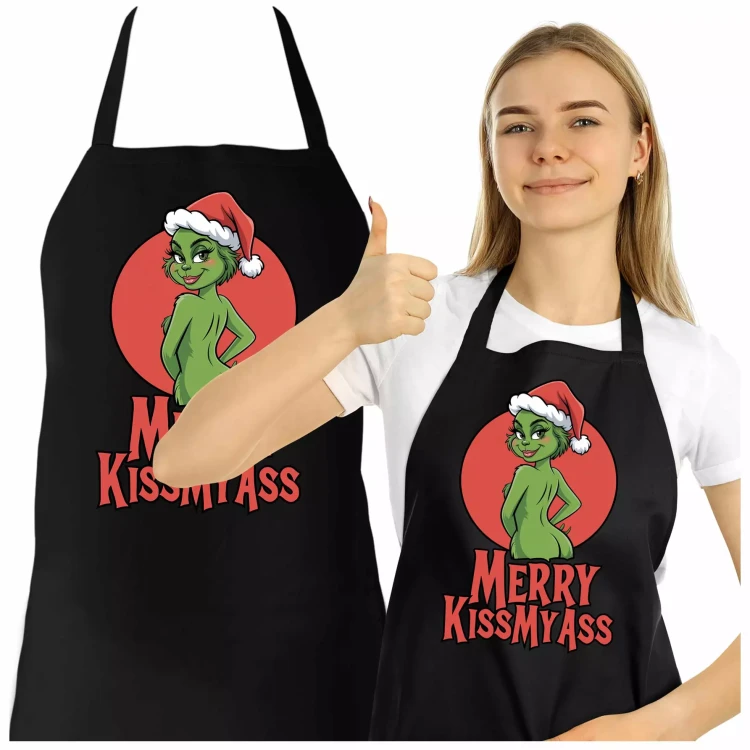 FARTUCH ŚWIATECZNY DLA KOBIETY Z NADRUKIEM ŚMIESZNYM NAPISEM MERRY KISS MY ASS (2).webp