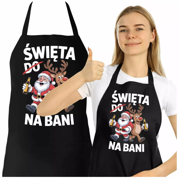FARTUCH ŚWIATECZNY DLA KOBIETY Z NADRUKIEM ŚMIESZNYM NAPISEM ŚWIĘTA DO NA BANI (2).webp