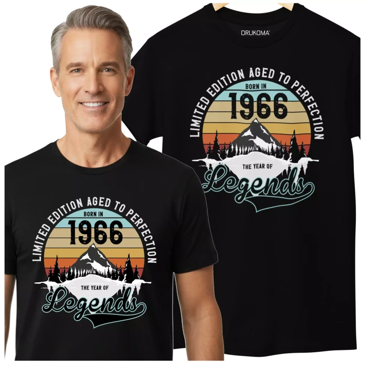 Koszulka na urodziny na 60 SZEŚĆDZIESIĄTKĘ z napisem LIMITED EDITION AGED TO PERFECTION BORN IN 1966 THE YEAR OF LEGENDS (2).webp
