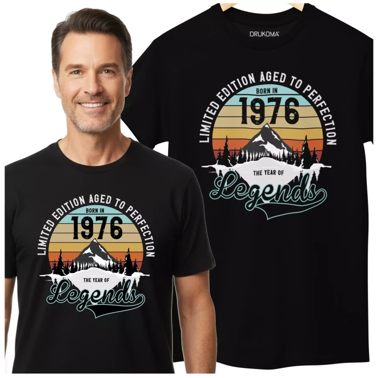 Koszulka na urodziny na 50 PIĘĆDZIESIĄTKĘ z napisem LIMITED EDITION AGED TO PERFECTION BORN IN 1976 THE YEAR OF LEGENDS (1).webp