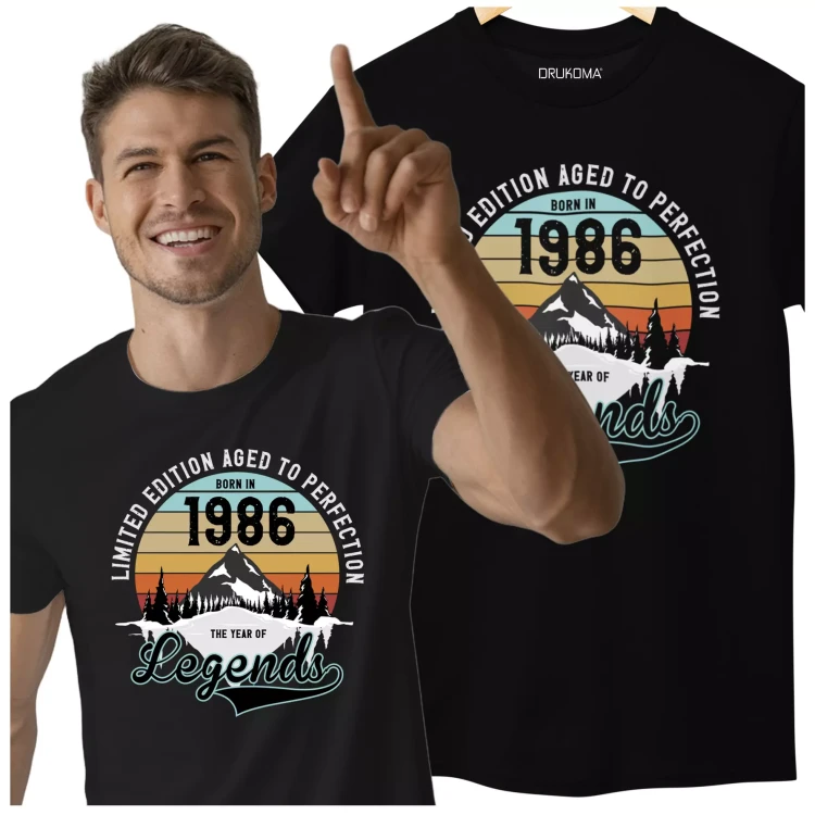 Koszulka na urodziny na 40 CZTERDZIESTKĘ z napisem LIMITED EDITION AGED TO PERFECTION BORN IN 1986 THE YEAR OF LEGENDS (2).webp