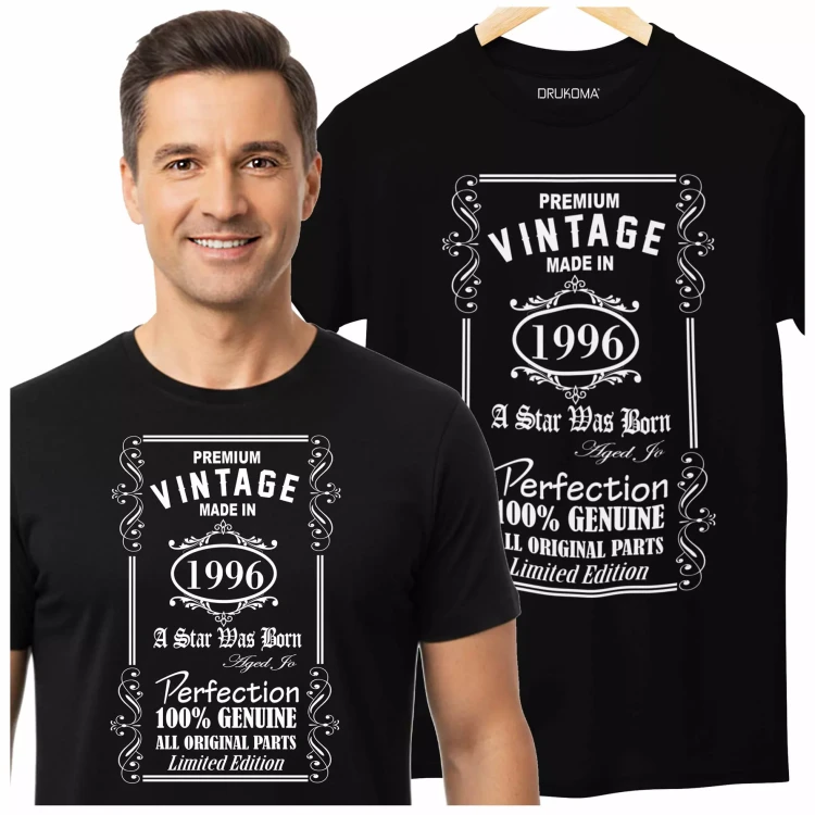 Koszulka na 30 trzydzieste urodziny z napisem Premium vintage made in 1996 a star was born aged to perfection 100% genuine all .webp