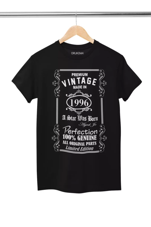 Koszulka na 30 trzydzieste urodziny z napisem Premium vintage made in 1996 a star was born aged to perfection 100% genuine all  (3).webp