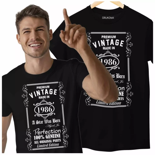 Koszulka na 40 czterdzieste urodziny z napisem Premium vintage made in 1986 a star was born aged to perfection 100% genuine all (3).webp