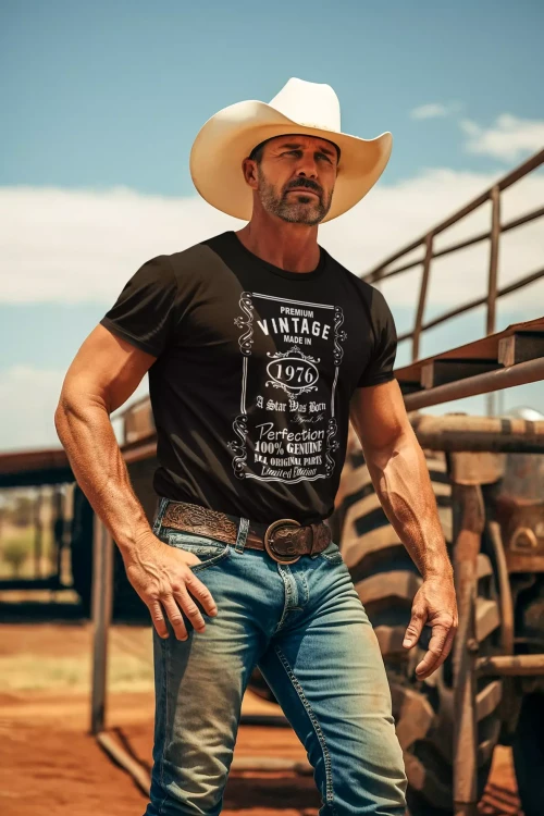 Koszulka na 50 pięćdziesiąte urodziny z napisem Premium vintage made in 1976 a star was born aged to perfection 100% genuine all o (1).webp